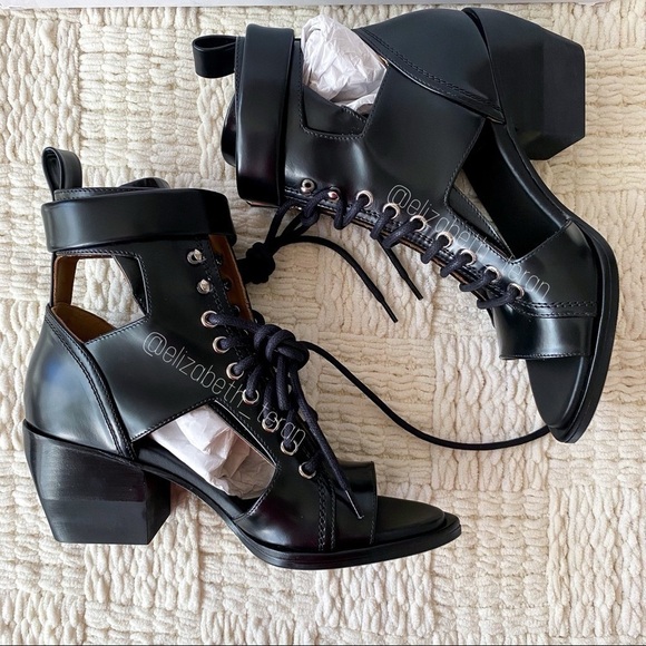 Chloé Rylee Cut-Out Leather Ankle Boot Heel Buckle Open-Toe Black EU 37.5 NIB - Picture 4 of 15